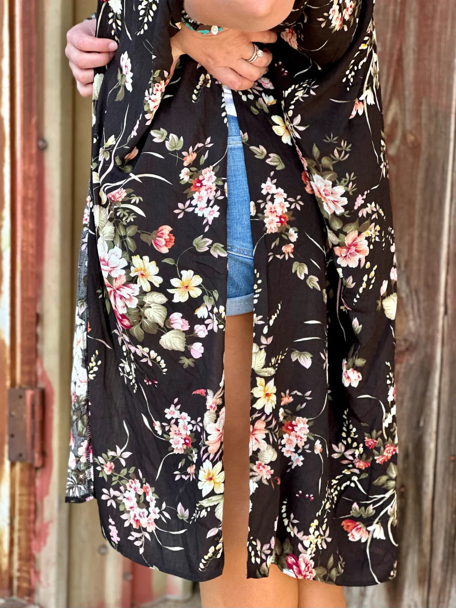 Ceci Black Floral Short Sleeve Kimono