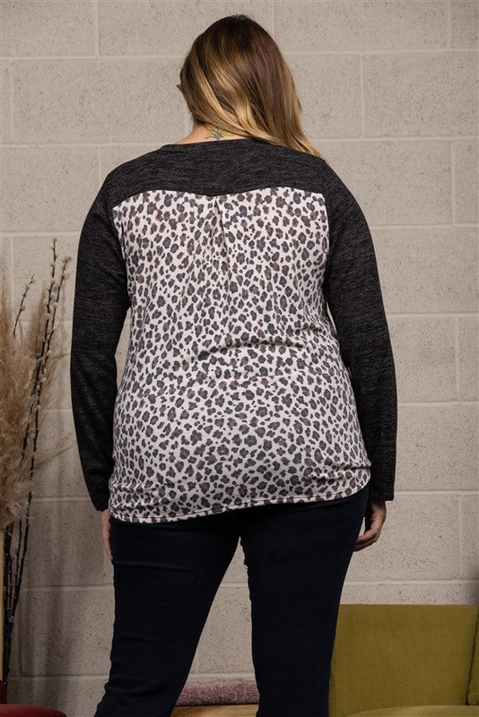 Charcoal / Leopard Contrast Knit Top