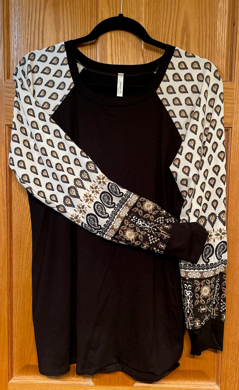 Solid Tunic Top with Paisley Print Sleeves