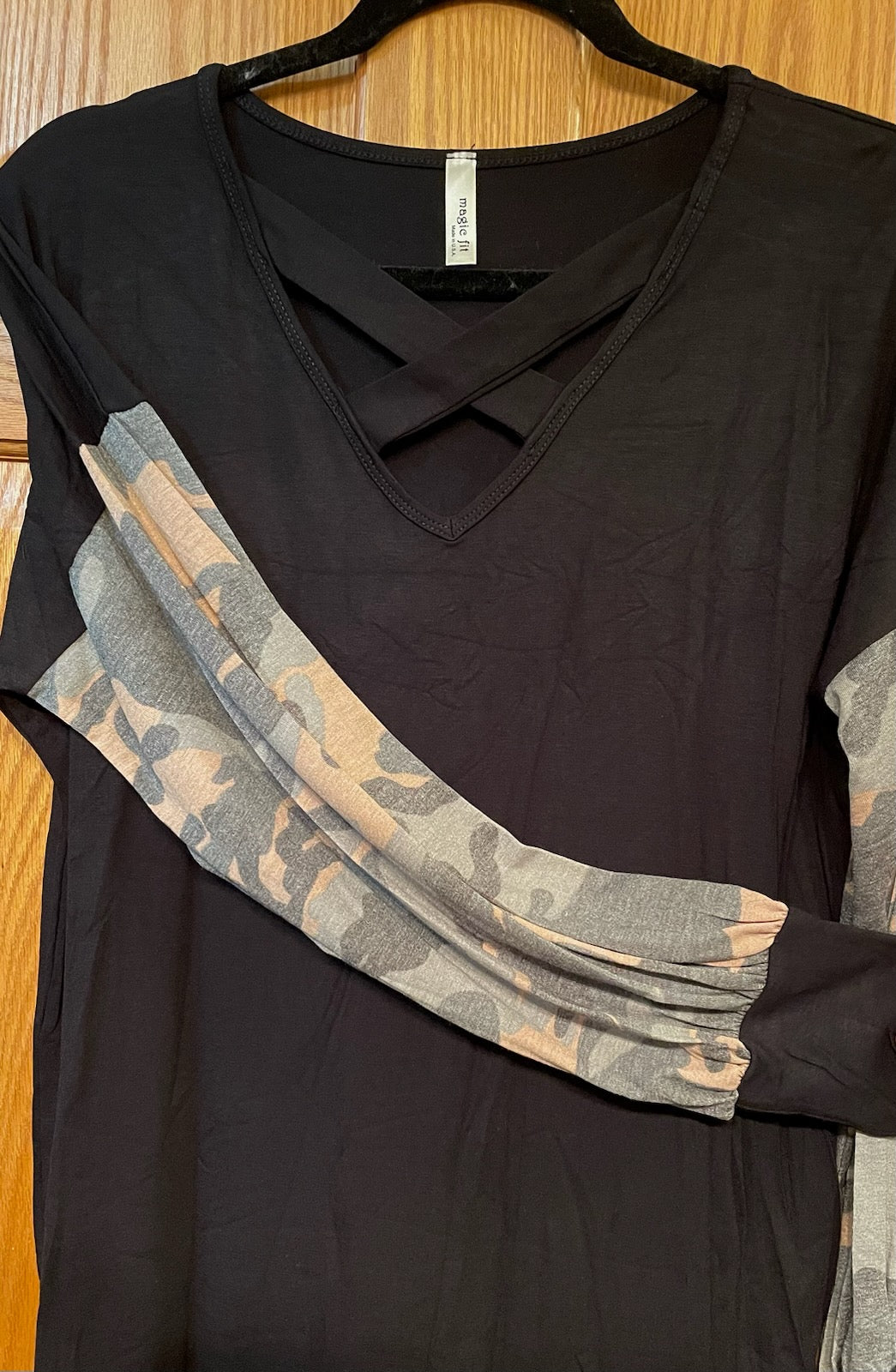 Criss Cross Tunic with Camo Sleeves