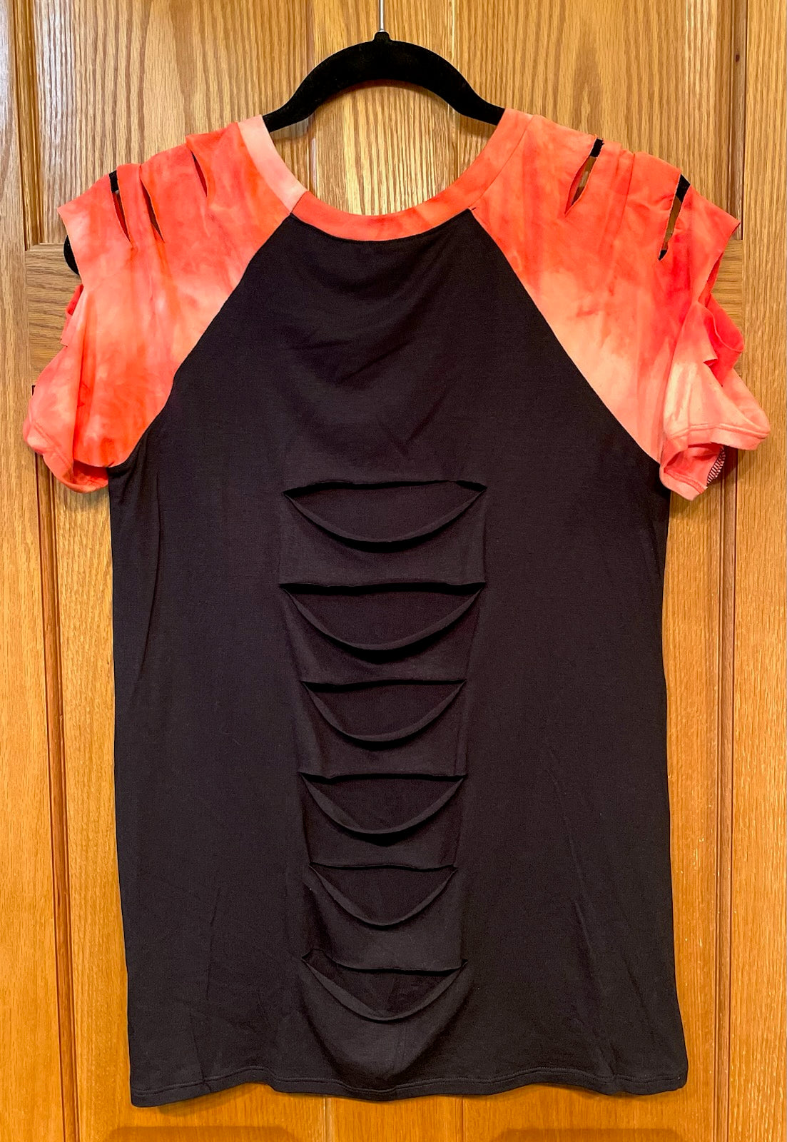 Cutout Solid Top with Tie-Dye Sleeves