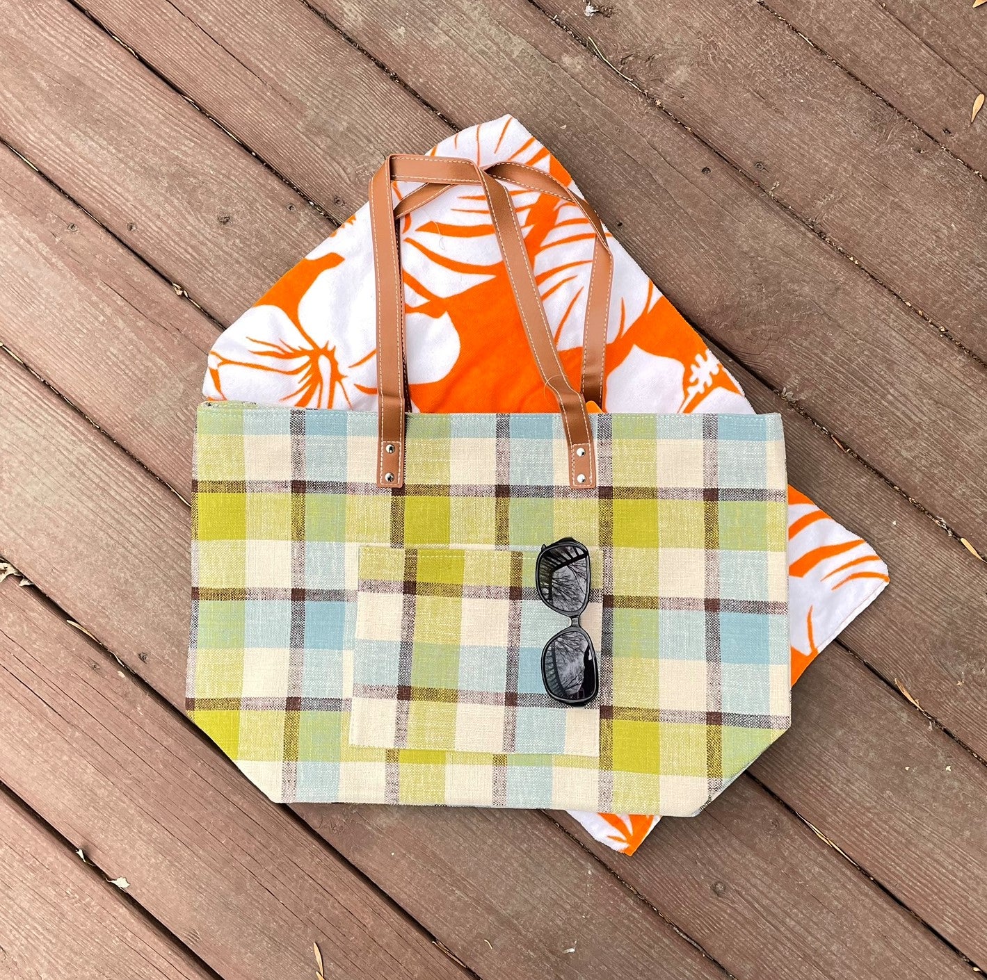 Green/Blue Plaid Summer Tote Bag