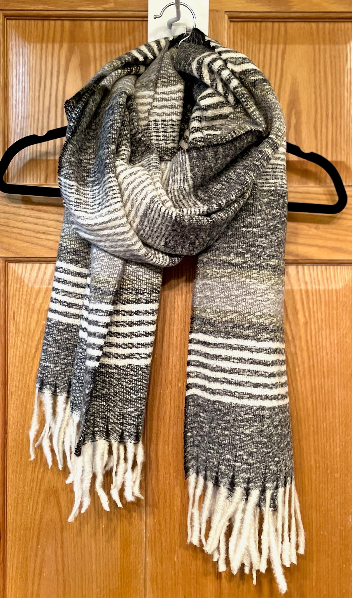 Grey Striped Scarf with Tassel