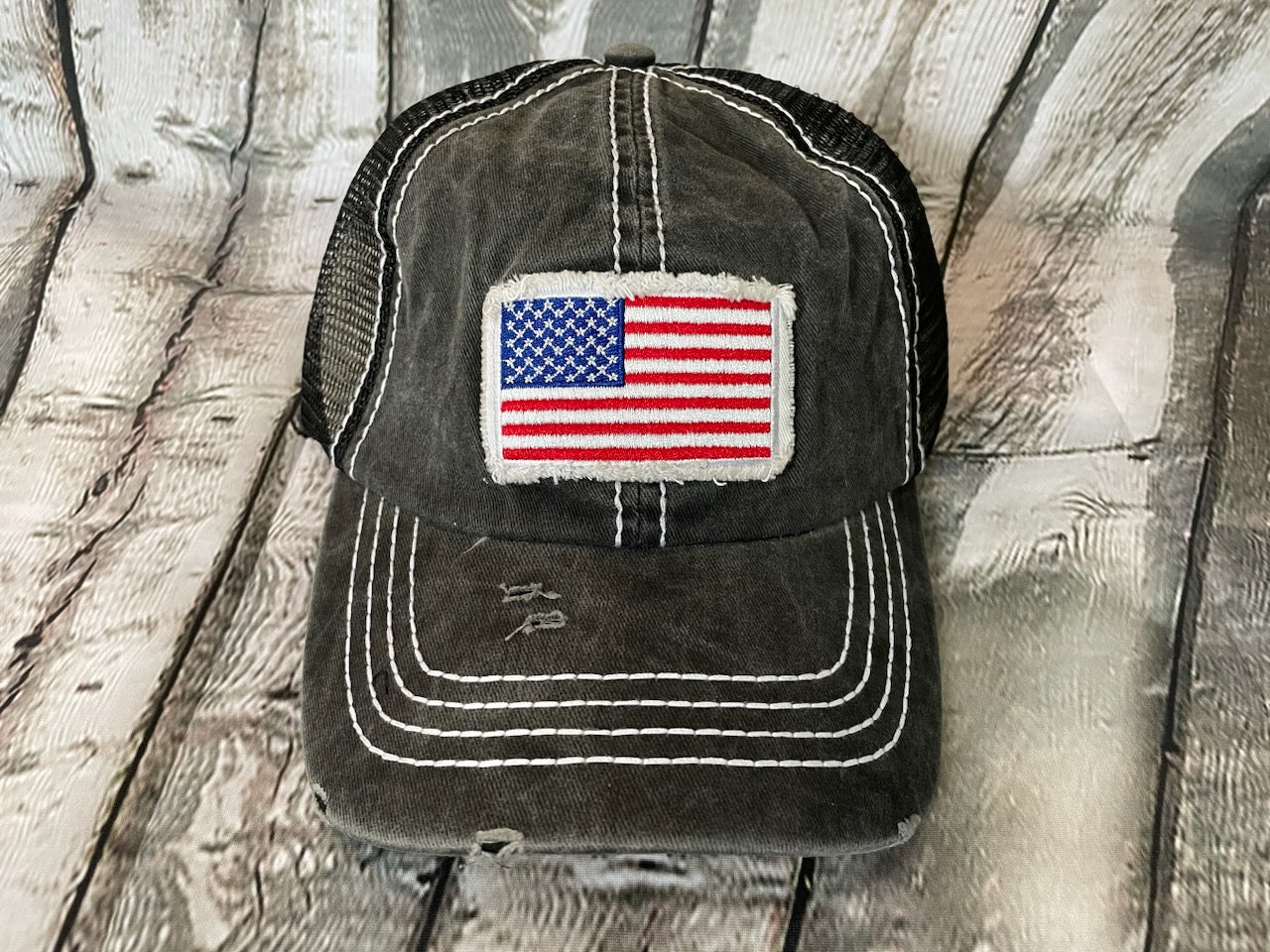 Mesh Baseball Hat w/ American Flag Patch