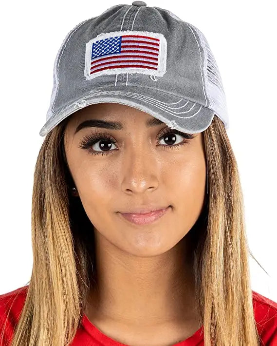 Mesh Baseball Hat w/ American Flag Patch
