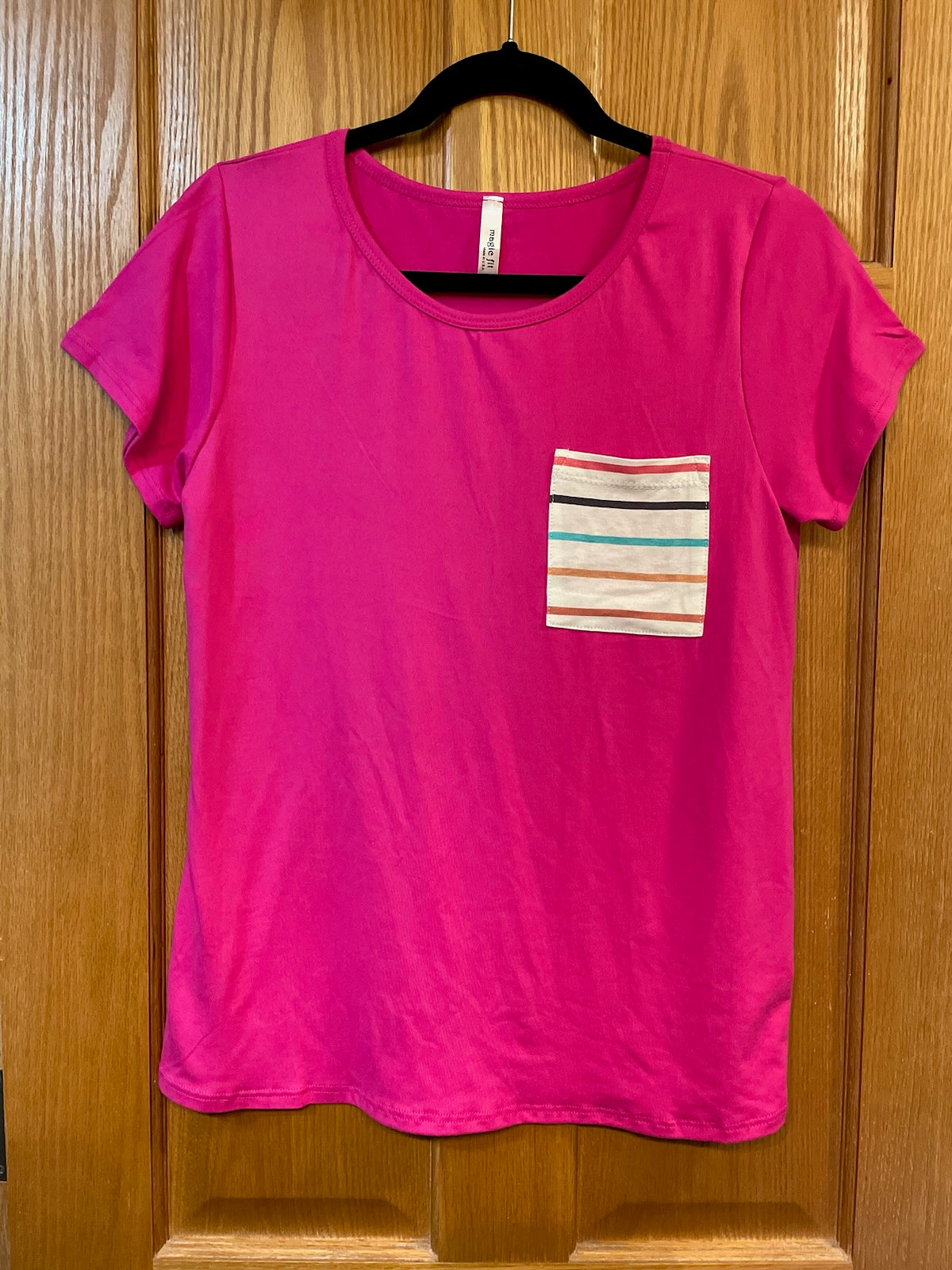 Solid Short Sleeve Top with Stripe Pocket Detail