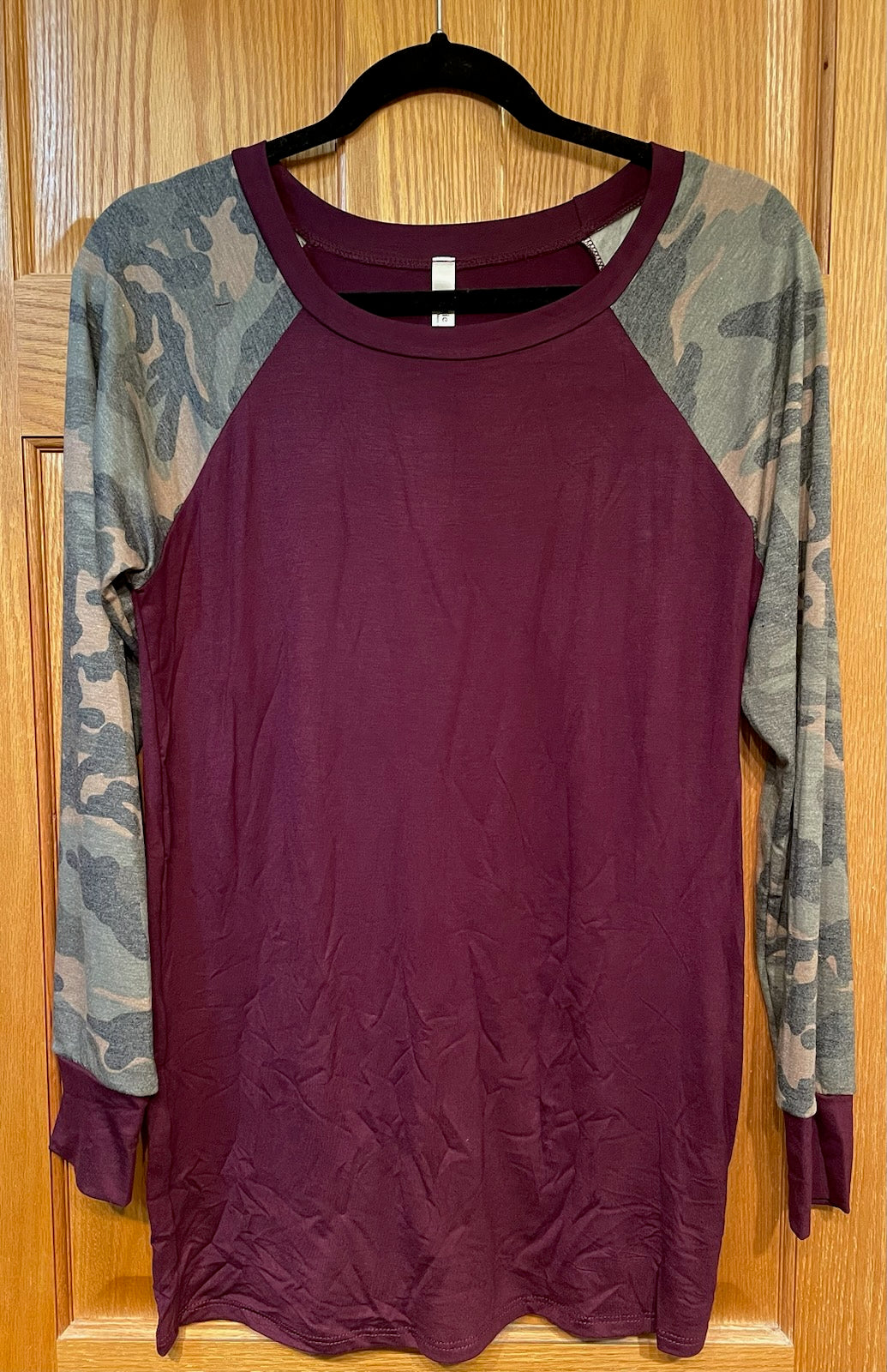 Solid Tunic Top with Camo Sleeves