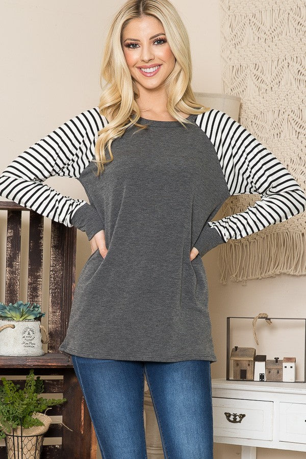 Solid Tunic top with Stripe Sleeves