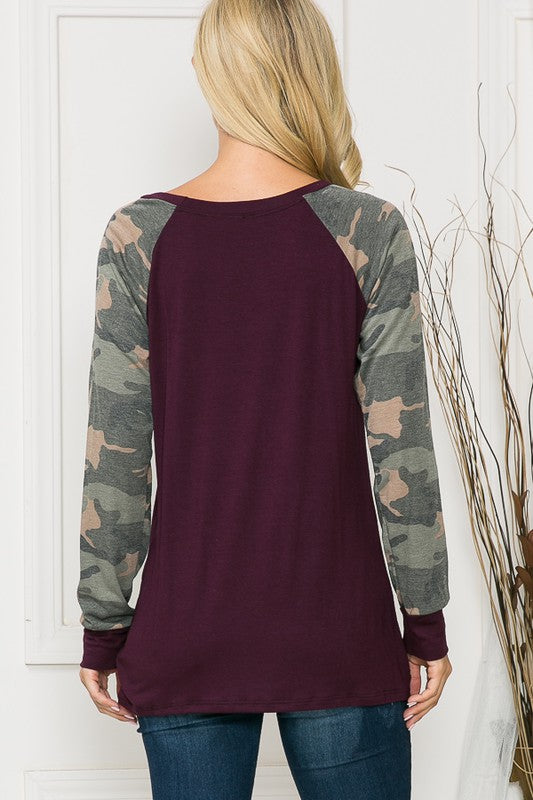 Solid Tunic Top with Camo Sleeves